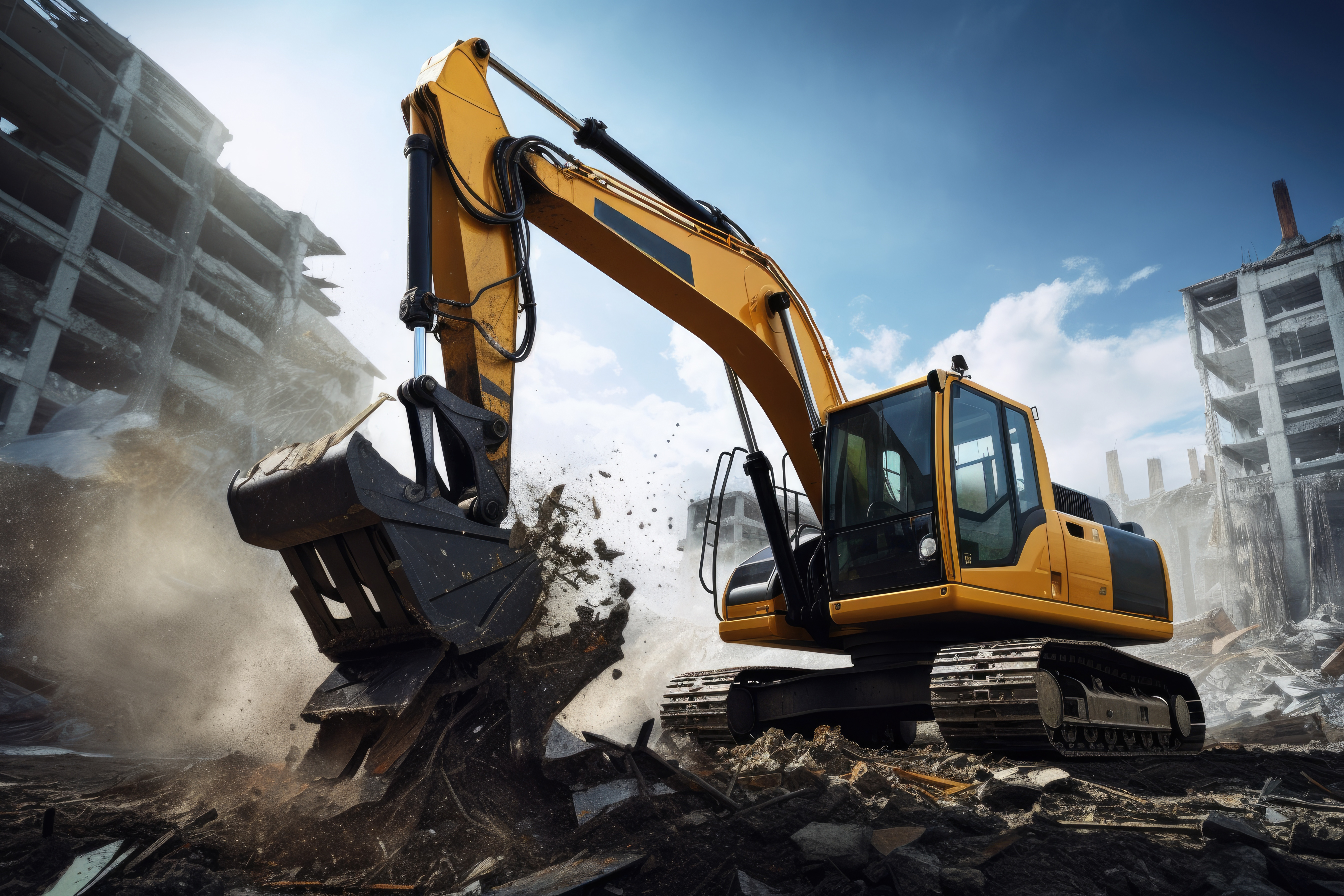 Excavator demolishing building