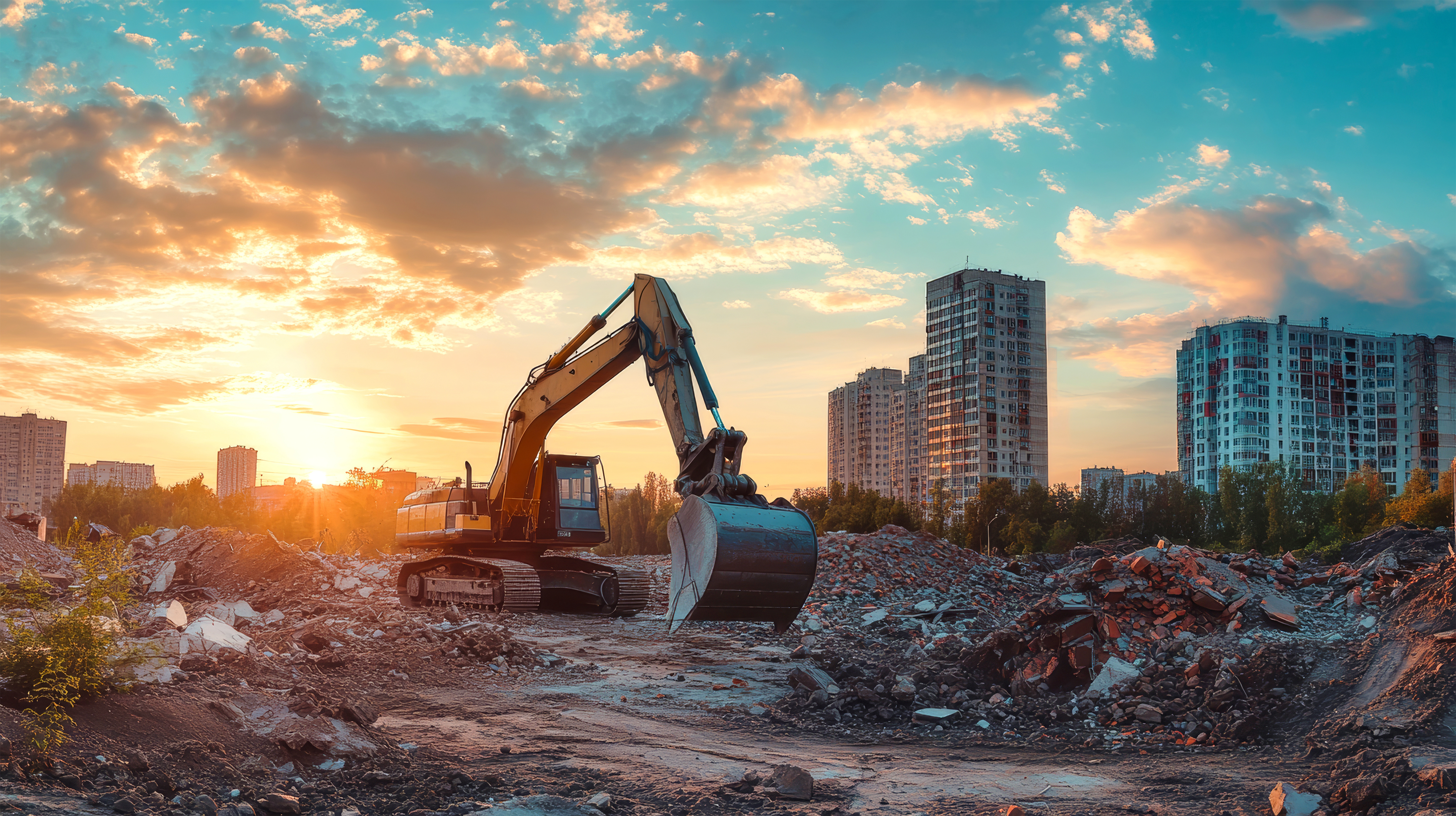 Excavator at sunset demolition site